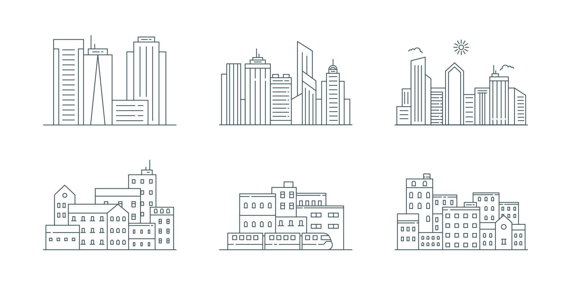 Cityscape and urban landscape line art. Set of landscape line art illustration. vector