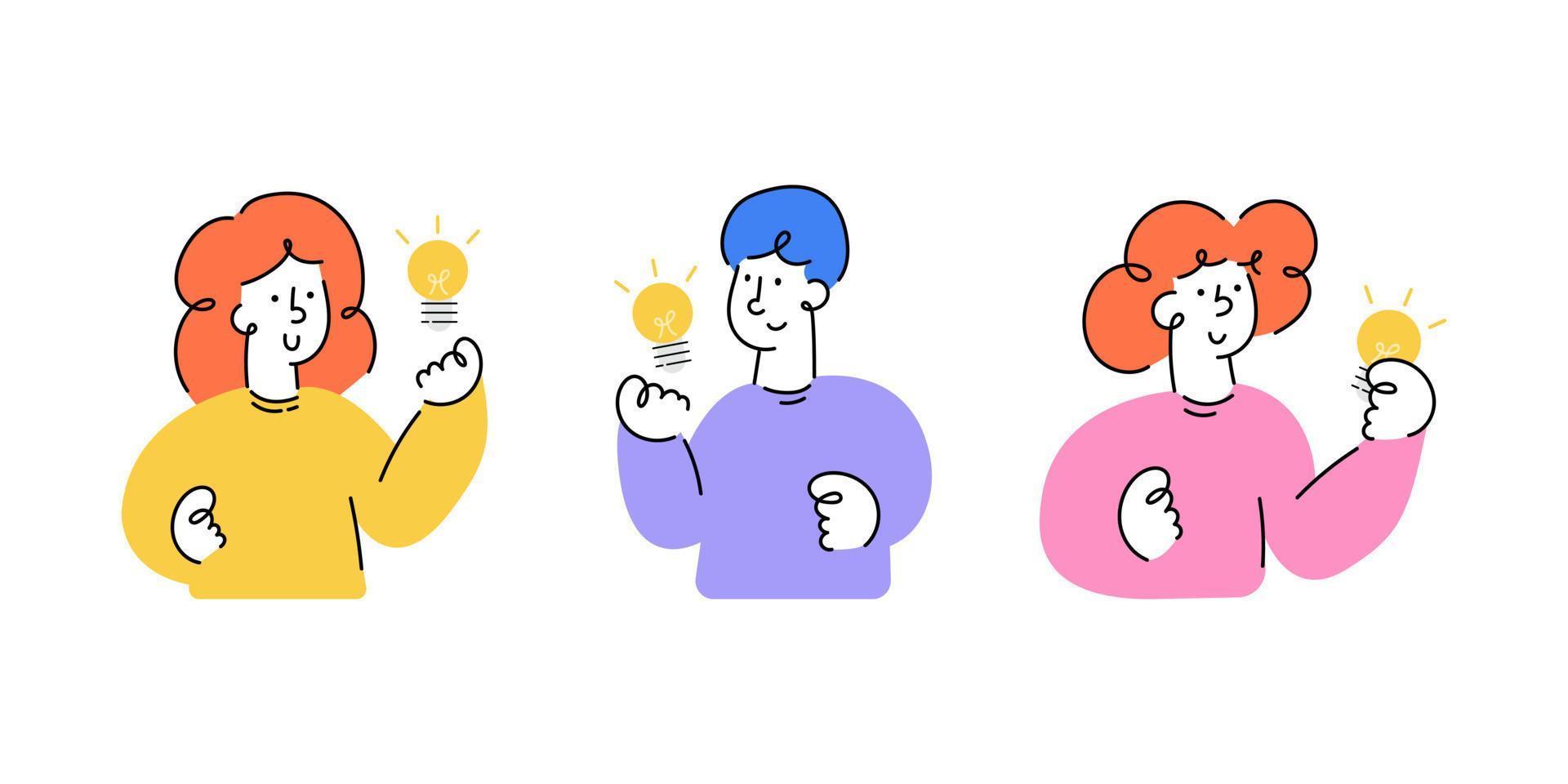 Man and woman with lightbulb. Creativity concept. Set of character vector illustration.
