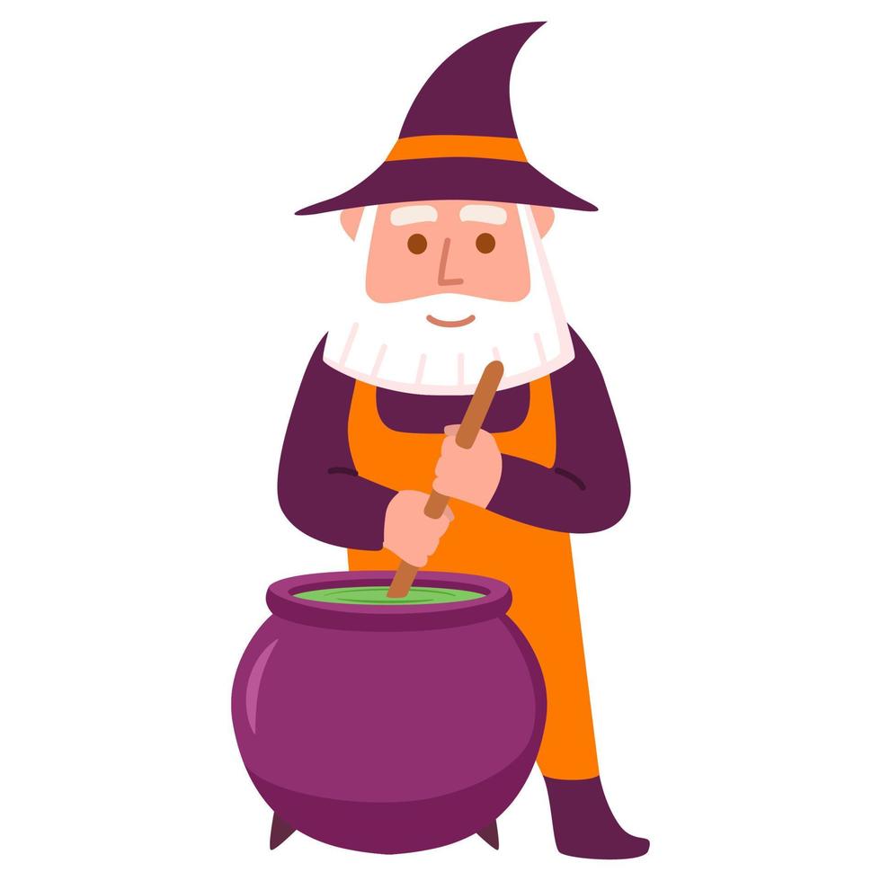 Gnome for halloween.Wizard is brewing a potion in a cauldron. vector