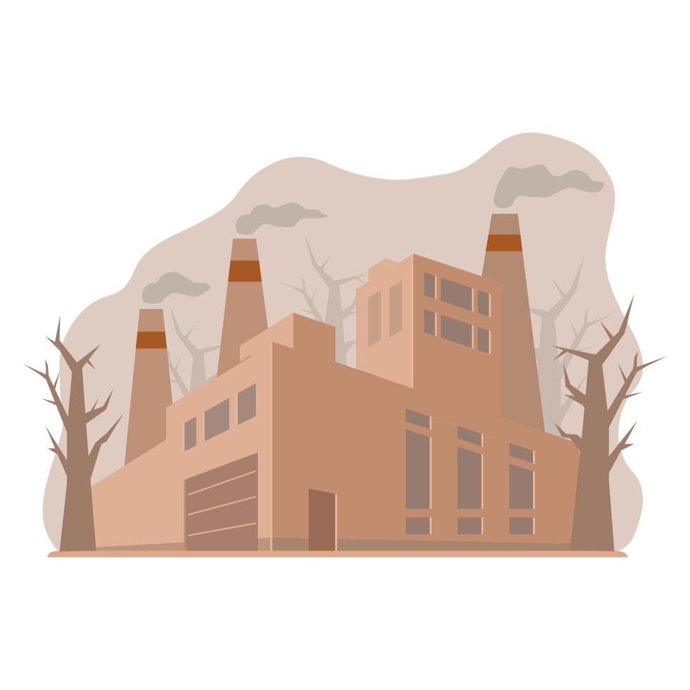 Industrial factory in perspective view. Air chimney pollution with smoke. Dioxide emissions into the atmosphere.Vector cartoon style.Industrial smog. Toxic factories building. vector