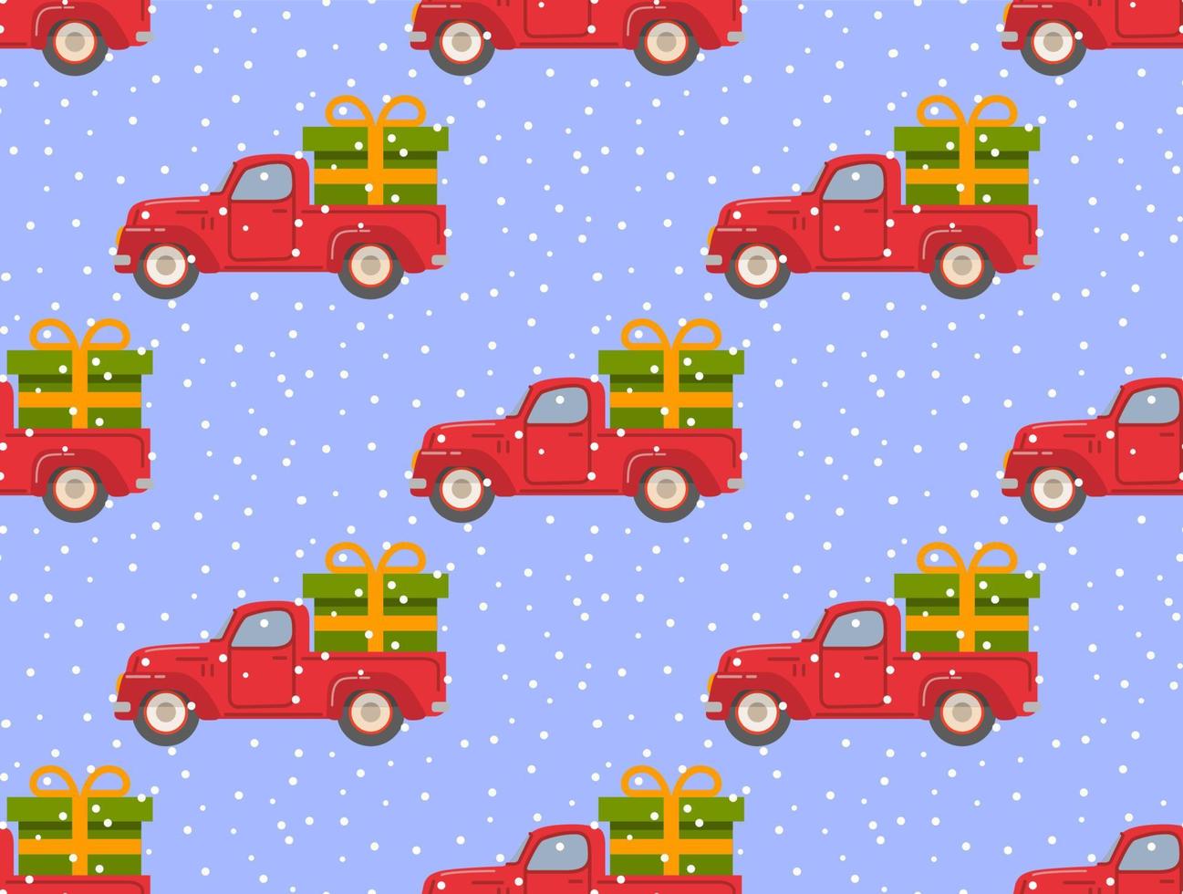 Retro pickup red truck with green gift box.Falling snow.Christmas seamless pattern.Concept for wrapping paper.Vector flat illustration. vector