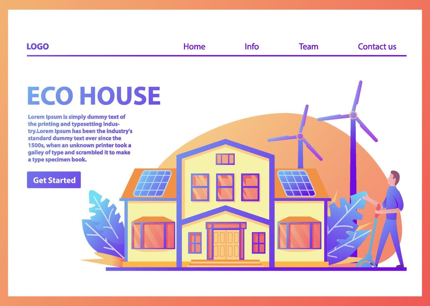 Landing page template.Green energy eco friendly suburban american house.Solar panel, wind power turbine.Family home facade.Flat vector.Web page.Website template.Young man includes  character cartoon. vector