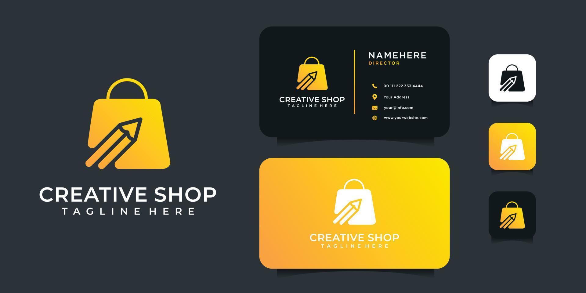 Luxury creative shop pencil logo design with business card vector template