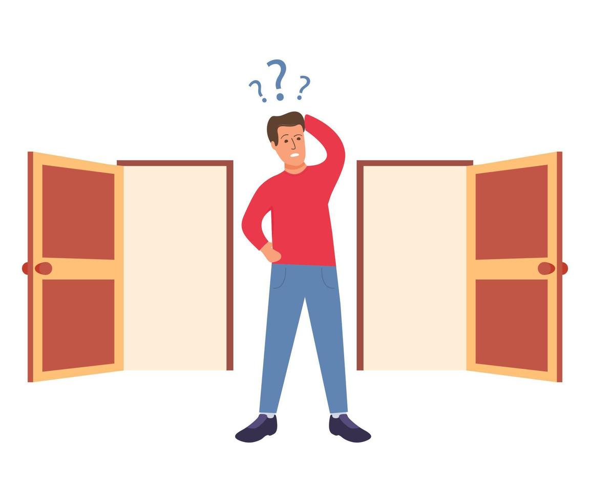 Two entrance choice. Guy question mark choosing between two doors.Man standing choice of ways.Male choices concept.Vector flat. vector