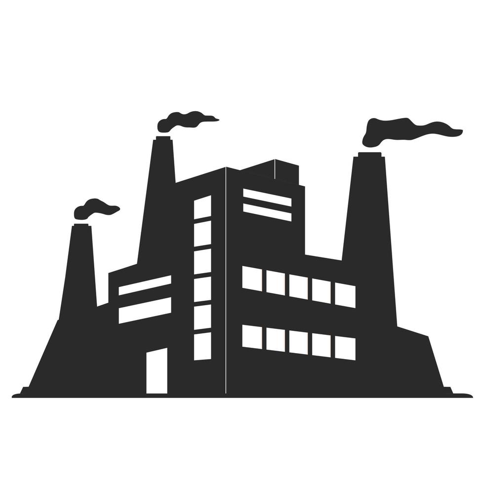 Black silhouette of a factory. The facade of an industrial building with smoking chimneys.Plant air pollution.Vector flat illustration.Manufacturing factory icon isolated on white background. vector