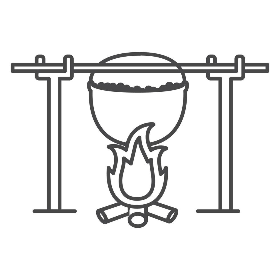 Tourist camp pot on fire outline.Cooking on fire. Line art vector.Symbol for online stores and restaurants.Isolated on a white background. vector