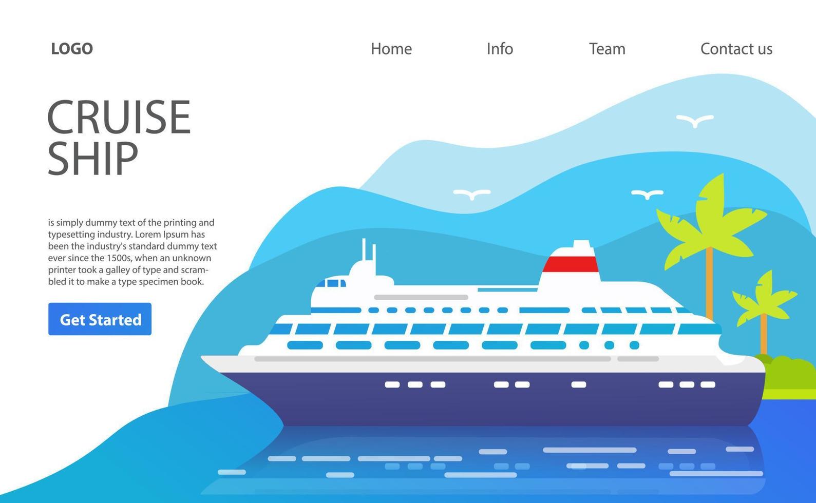 Cruise ship.Landing page template.Web page.Website template.Island with palm trees.Summer travel vacation.Flat vector. vector