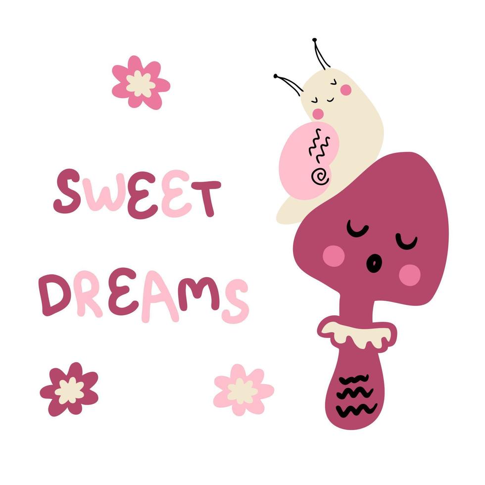 Hand drawn sleepy snail, mushroom and text SWEET DREAMS. vector