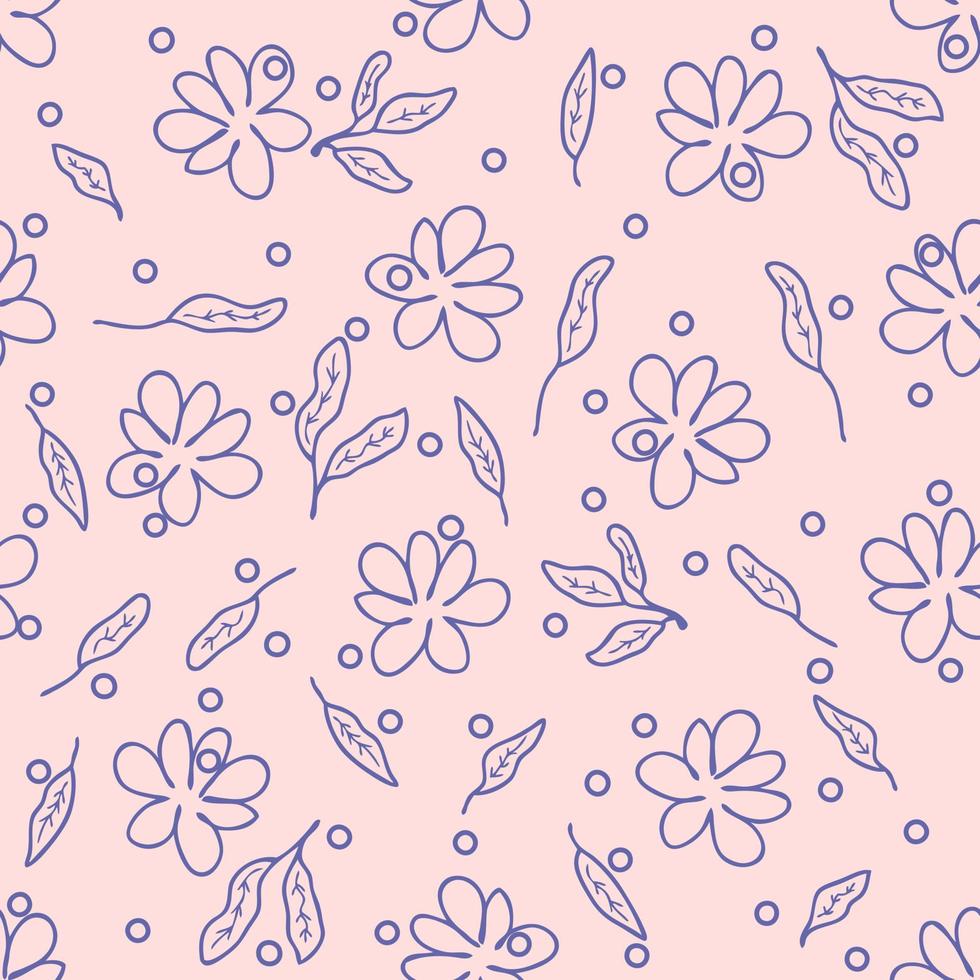 Simple seamless pattern with doodle flowers, leaves and drops. vector