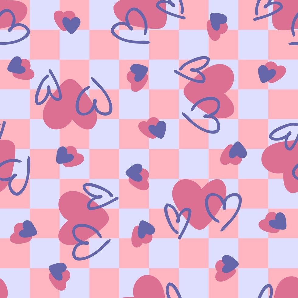 Checkered seamless background with hearts. Romantic groovy checkerboard pattern in 1970s style. vector