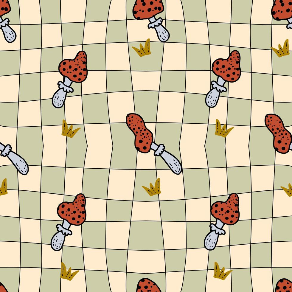 Hippie seamless pattern with amanita mushrooms on trippy grid checkerboard background. vector