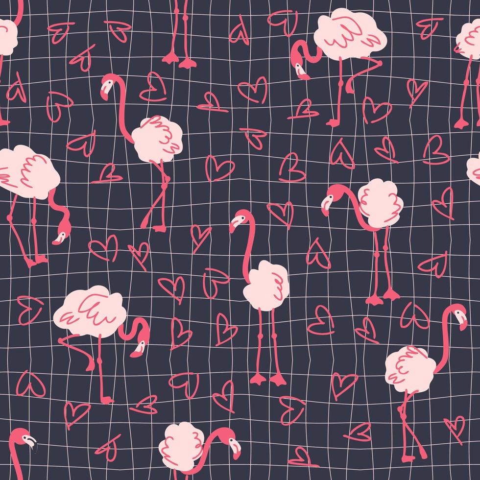 Seamless pattern with flamingo on trippy grid background with hearts. vector