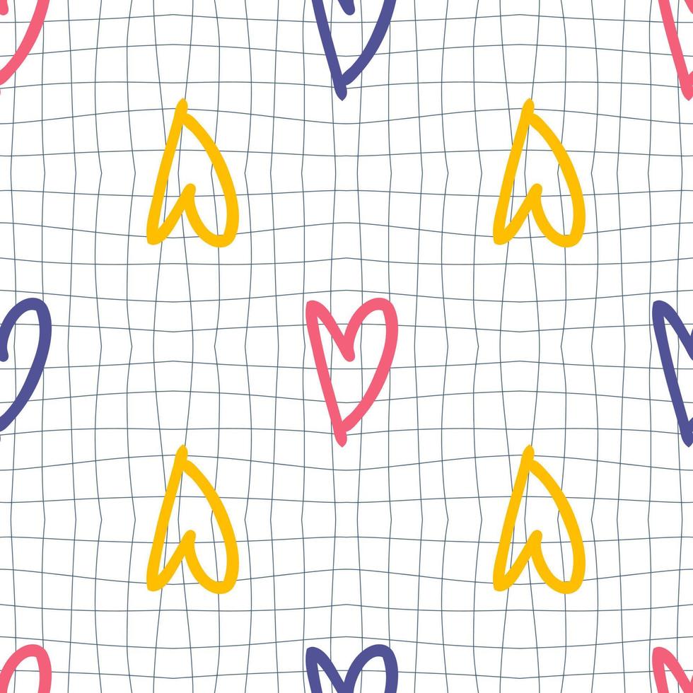 Doodle seamless pattern with simple hearts on trippy grid distorted background. vector