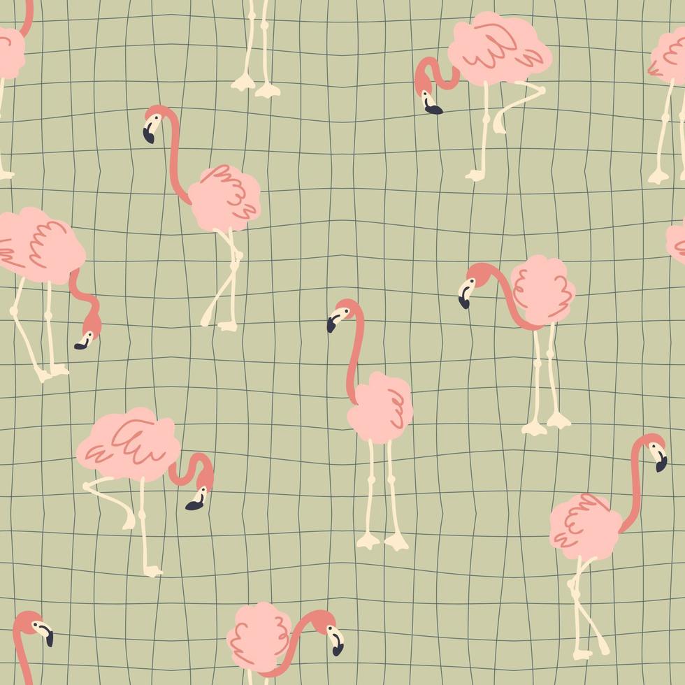 Groovy seamless pattern with flamingo on grid distorted background. vector