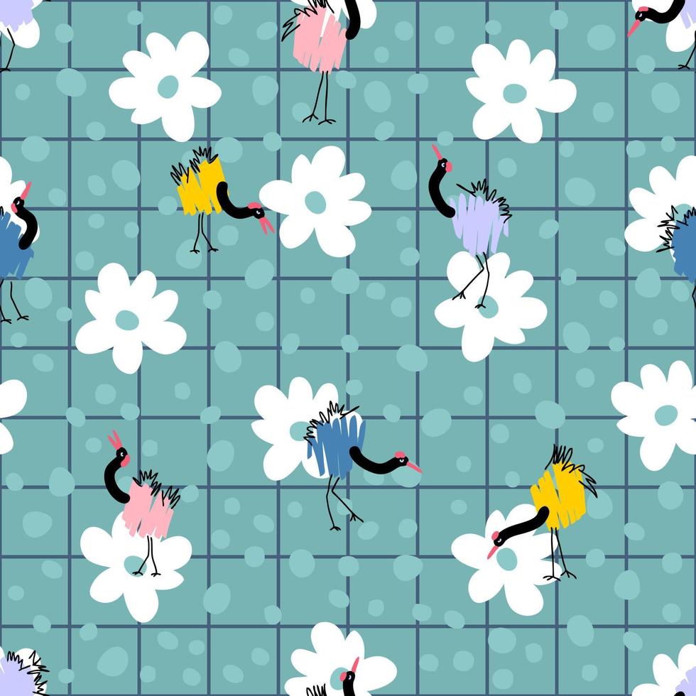Seamless pattern with cranes on grid background with flowers and drops. vector