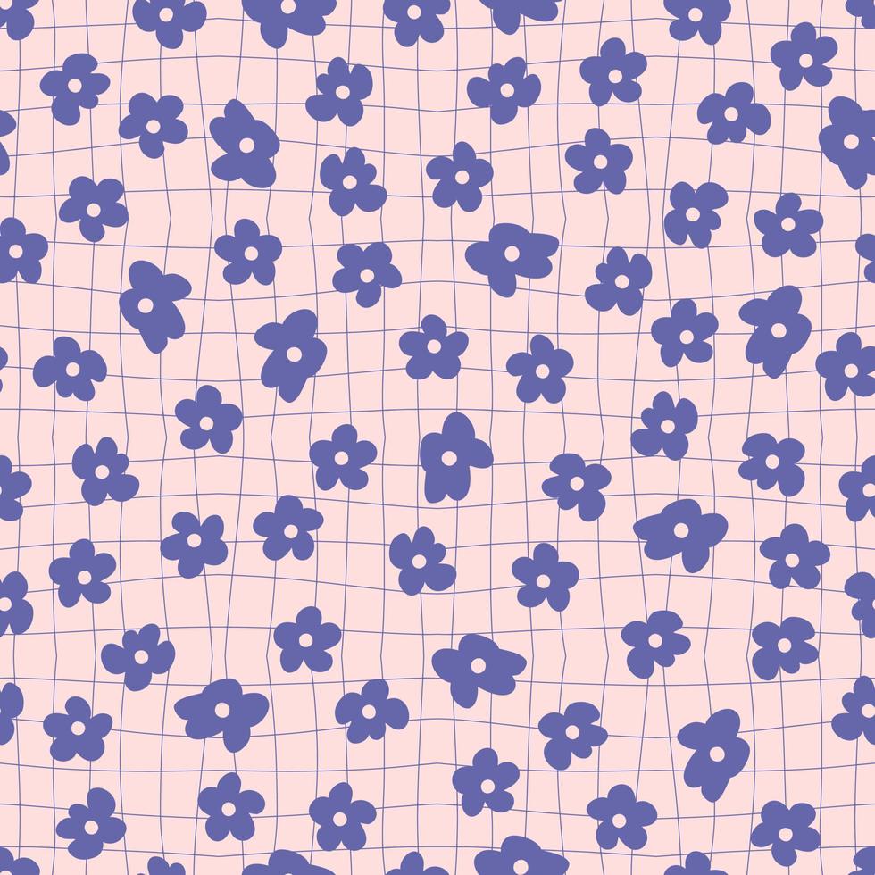 Groovy seamless pattern with simple flowers in 1970s style. vector