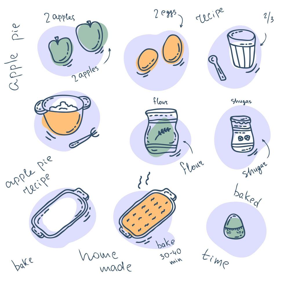 preparación casera de pastel de manzana. receta de comida dulce de diseño vectorial. vector