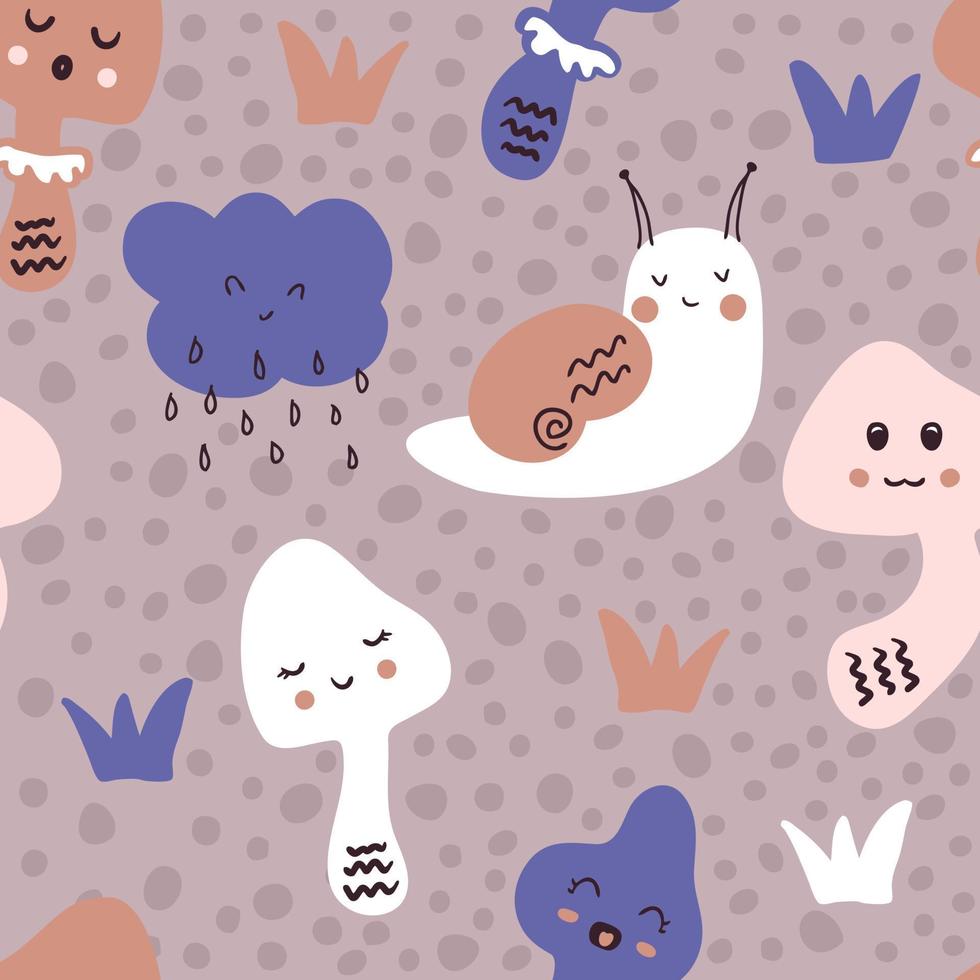 Doodle seamless pattern with mushrooms and snails on abstract textured background. vector