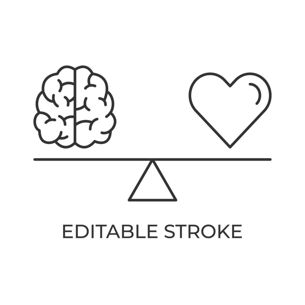 Brain and heart balance on scales concept. The struggle of emotions and rational thinking. Vector illustration. Editable stroke linear icon.