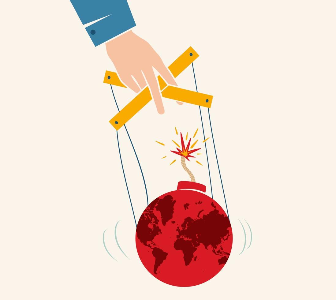 Vector vintage poster with hand controls Earth like a puppet. World control. World like bomb.