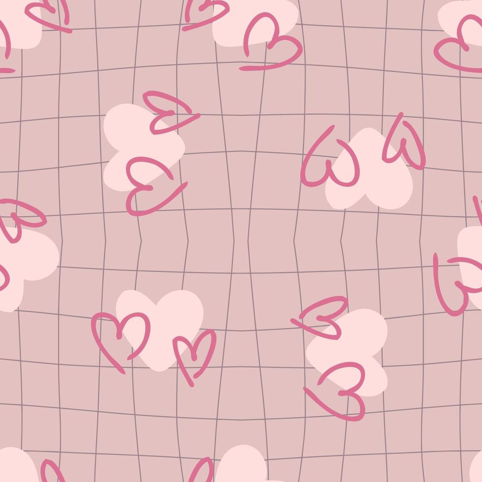 Trippy grid retro checkerboard seamless pattern with hearts. vector