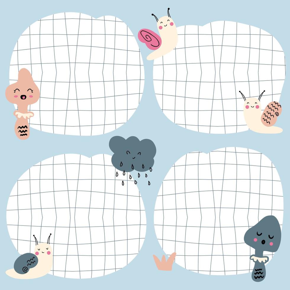 Doodle template notes list with distorted grid, cute mushrooms and snails. vector