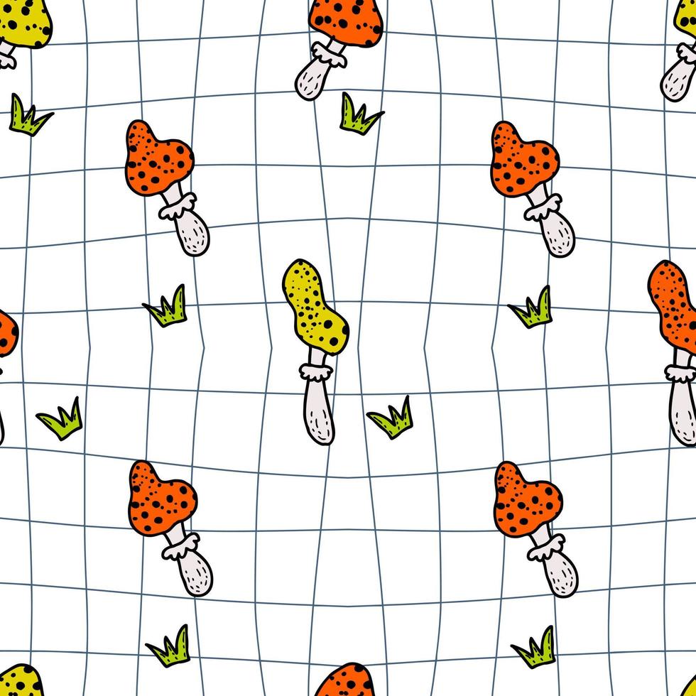 Groovy seamless pattern with toadstool mushrooms on trippy grid distorted effect background. vector