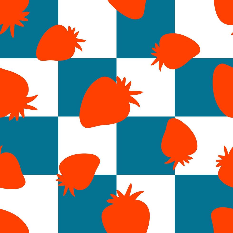fresas de verano simple silueta de patrones sin fisuras en el fondo del tablero de ajedrez. vector