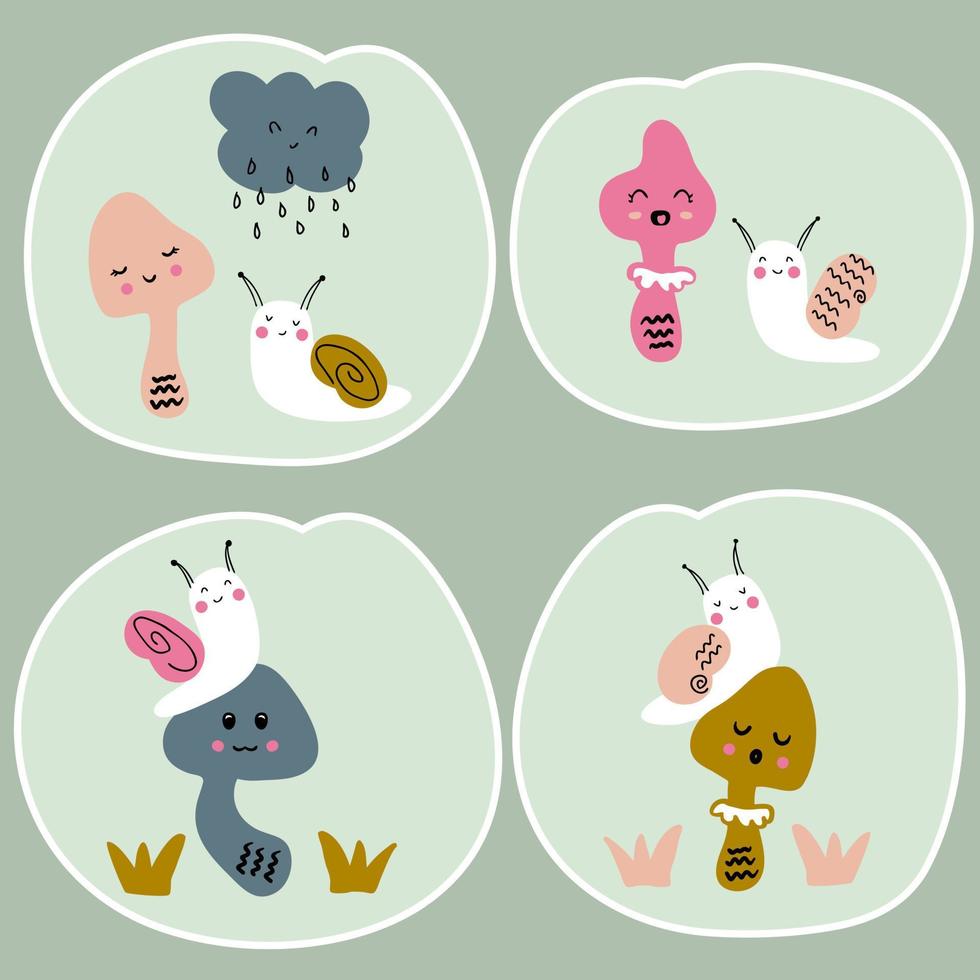 Hand drawn cute mushrooms and snails stickers collection. vector
