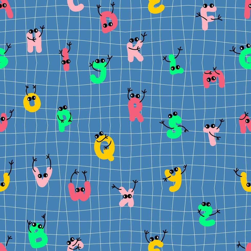 Alphabet letters with hands and eyes seamless pattern on grid distorted background. vector
