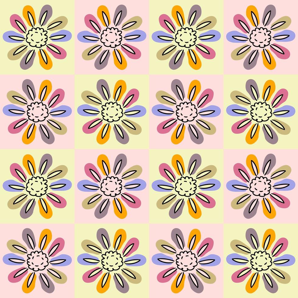 Groovy rainbow daisy retro seamless pattern in 1970s style. vector