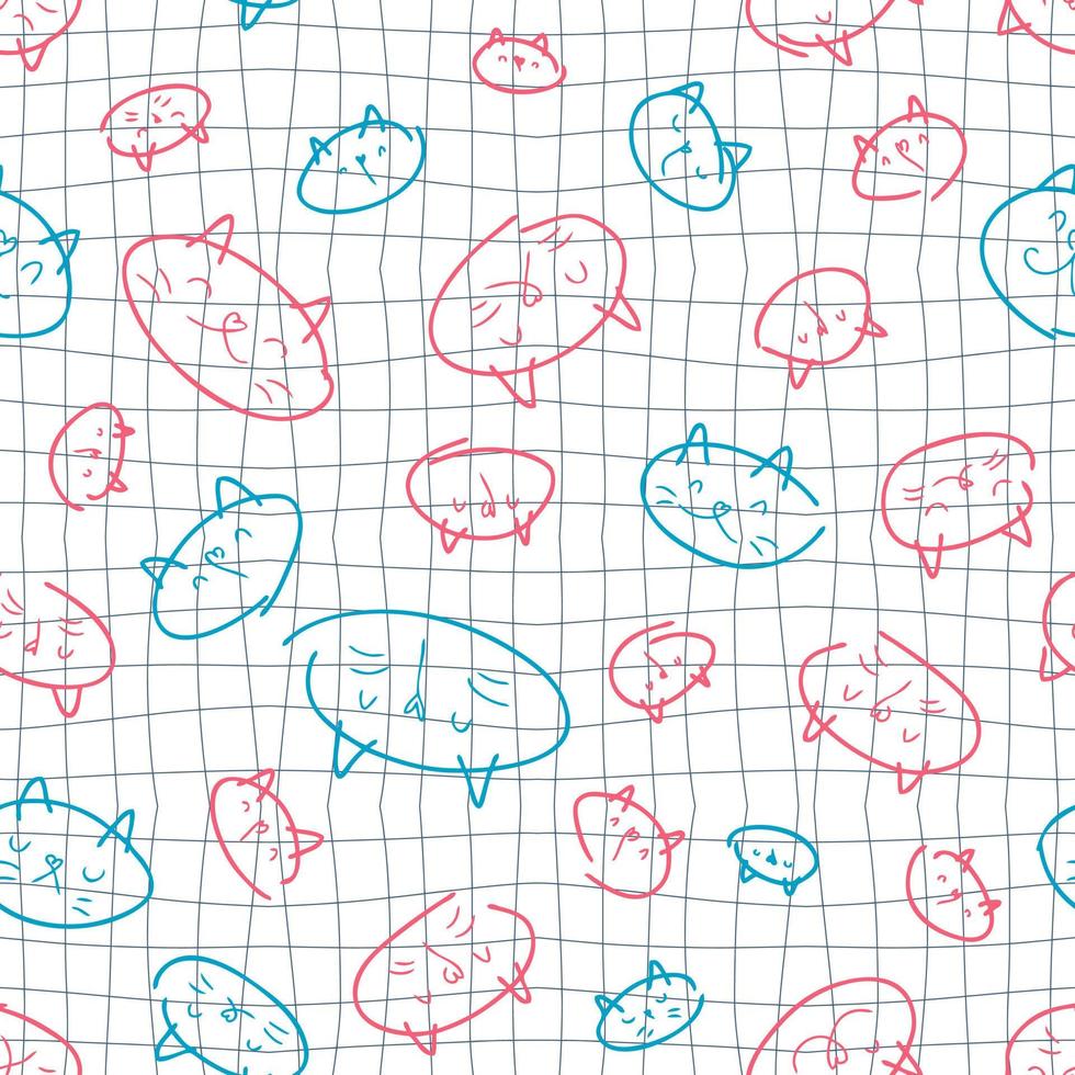 Doodle cats faces seamless pattern on grid distorted background. vector