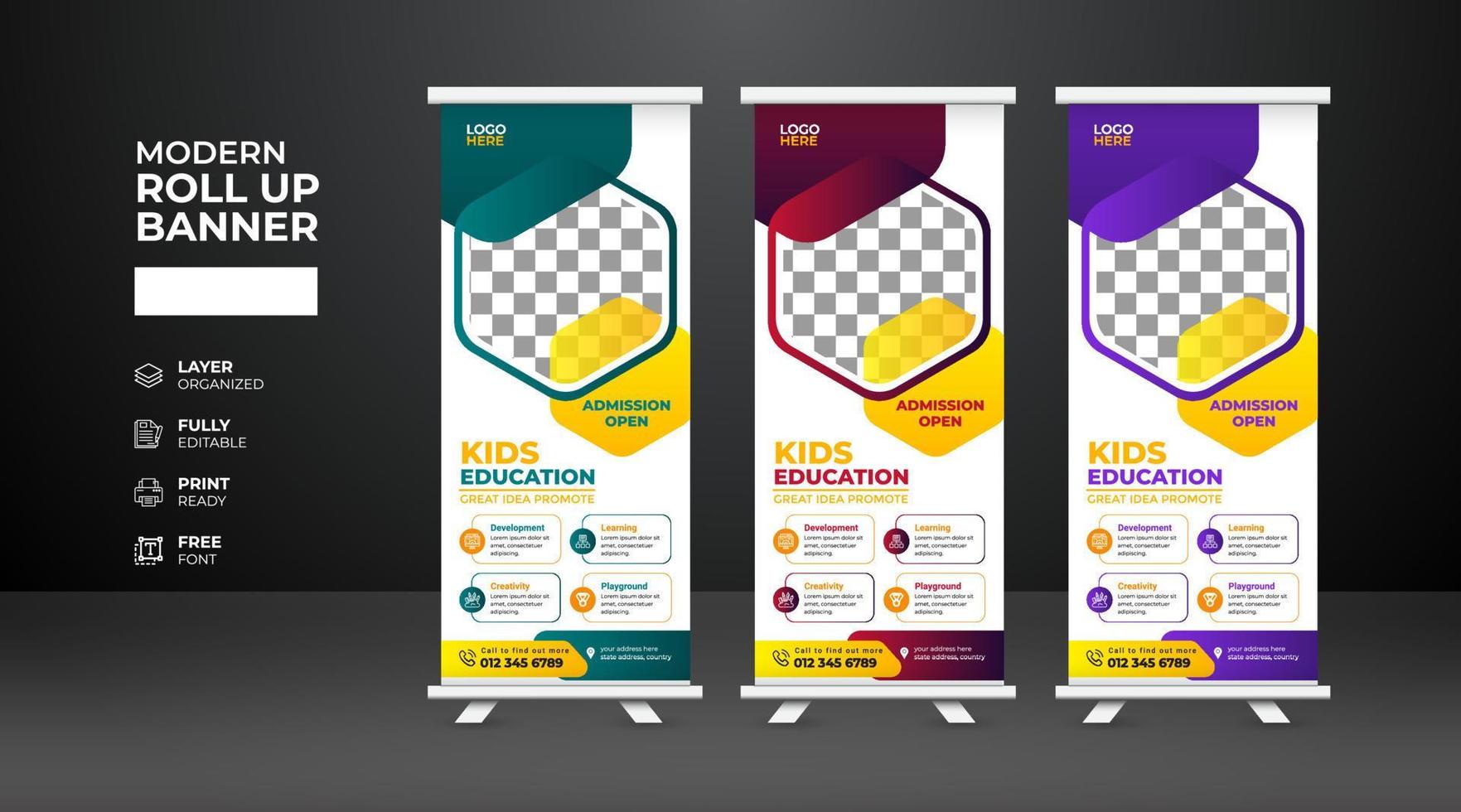 plantilla de banner enrollable de admisión escolar moderna y creativa vector