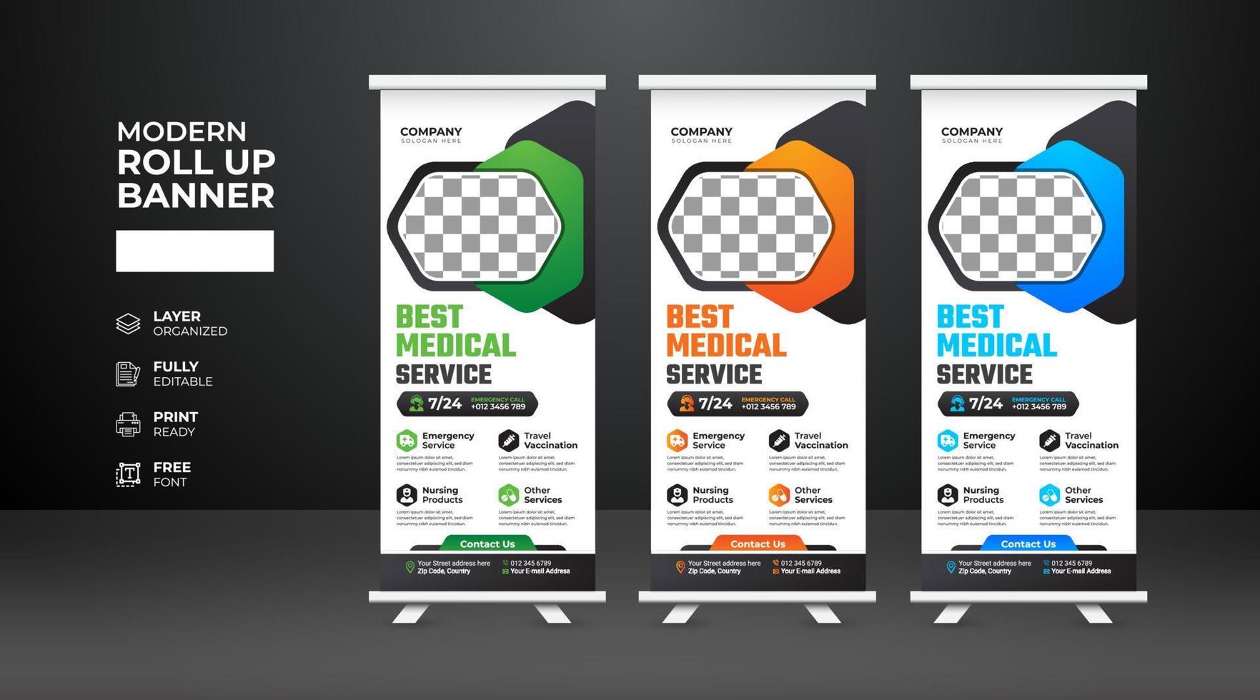 plantilla de banner enrollable médico de atención médica moderna y creativa vector