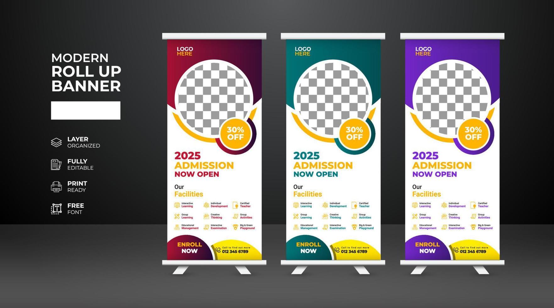 Modern and creative school admission Roll Up Banner template vector