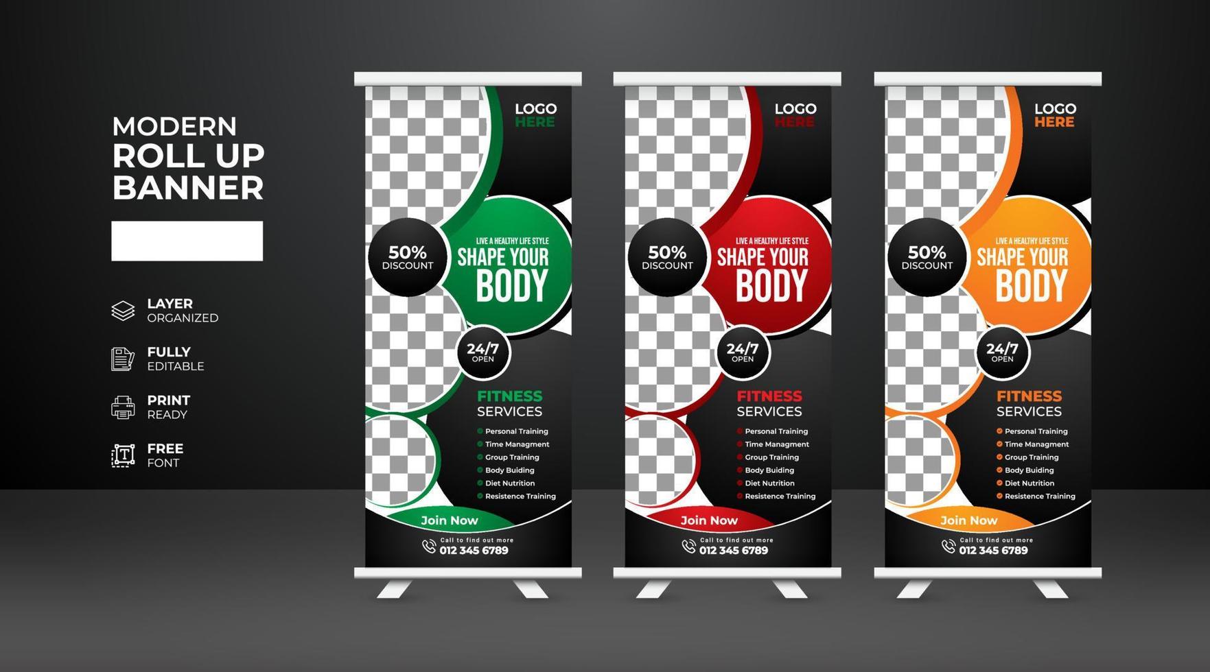 Modern and creative Gym Fitness Roll Up Banner template vector