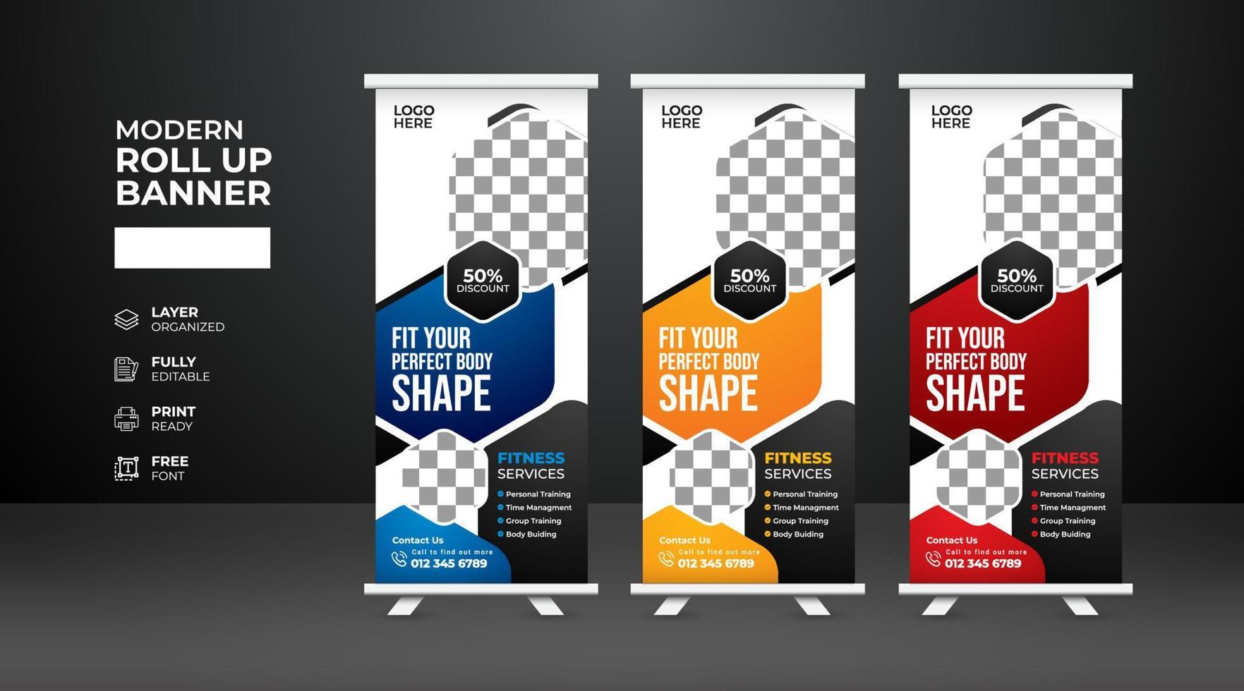 Modern and creative Gym Fitness Roll Up Banner template vector
