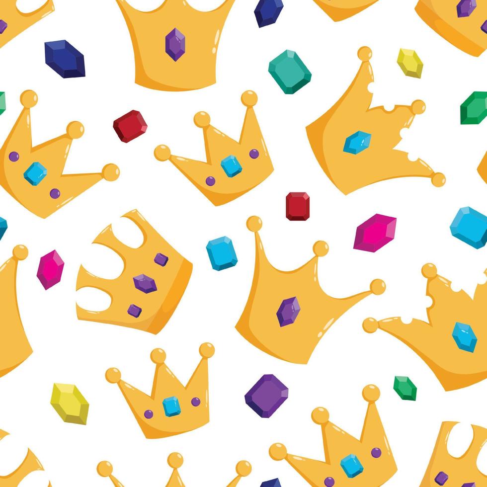 golden crown in seamless pattern with gems and diamonds vector