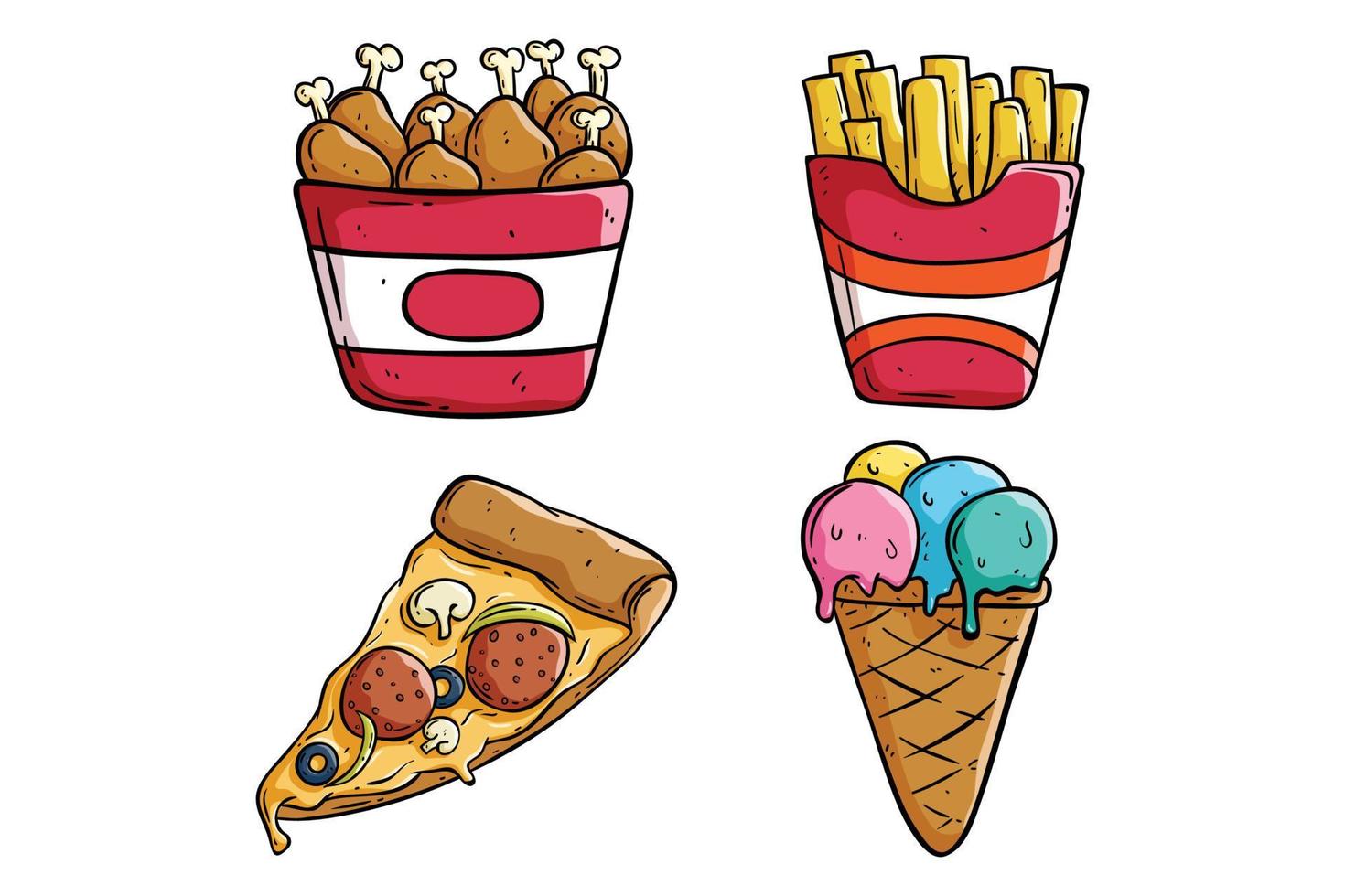 set of tasty fast food with hand drawn or sketch style vector