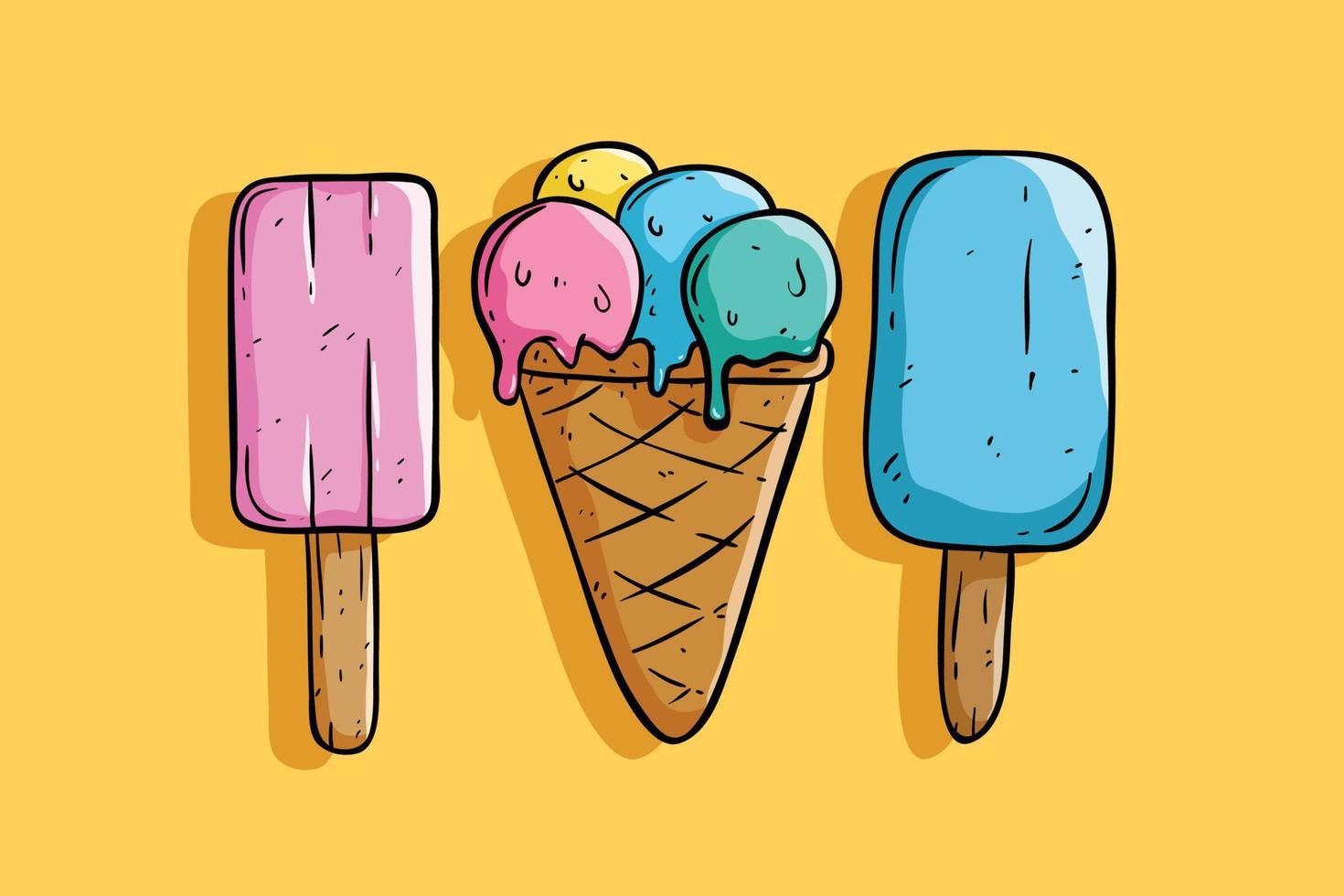 set of tasty ice cream with colorful hand drawn style vector