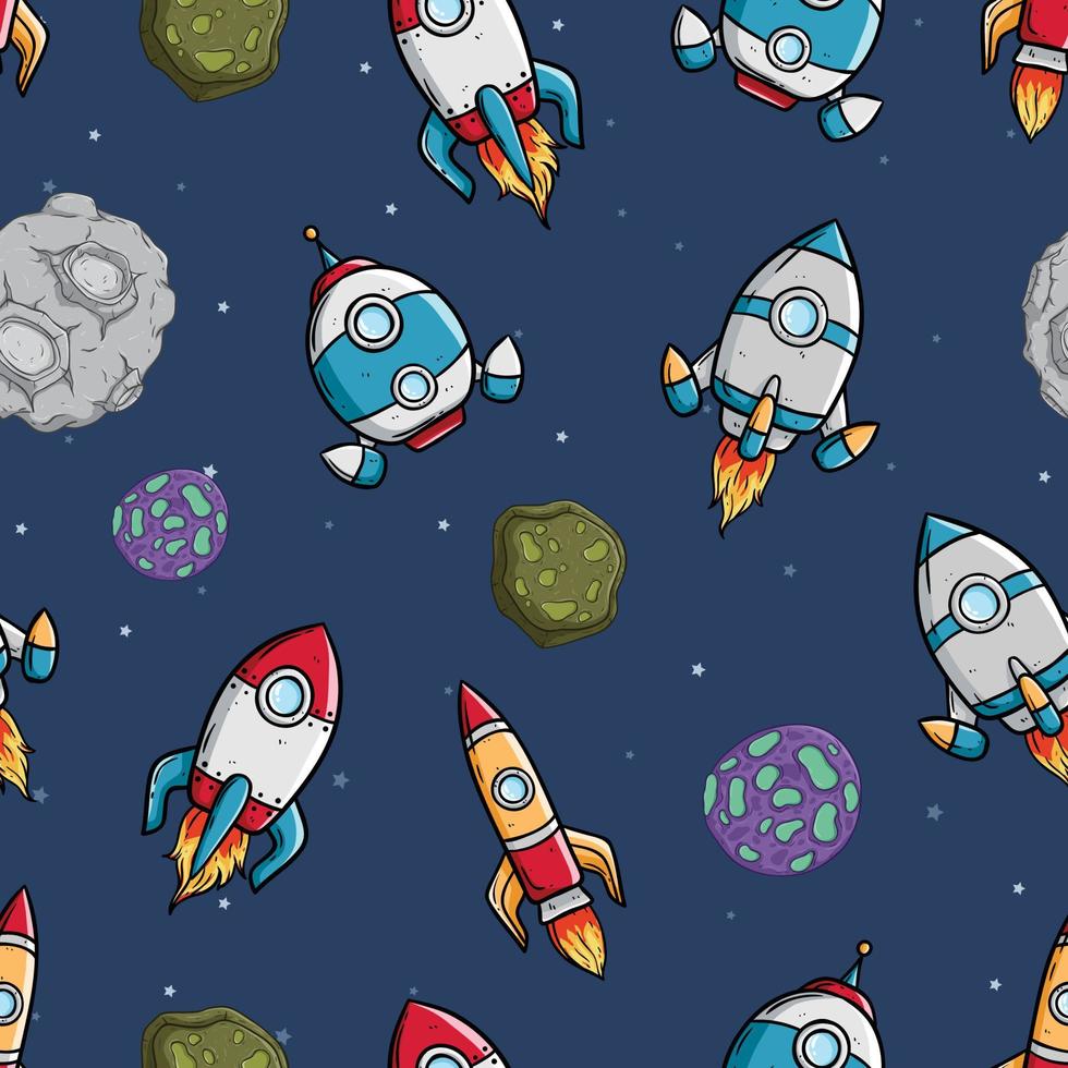 spaceship or rocket and space object in seamless pattern vector