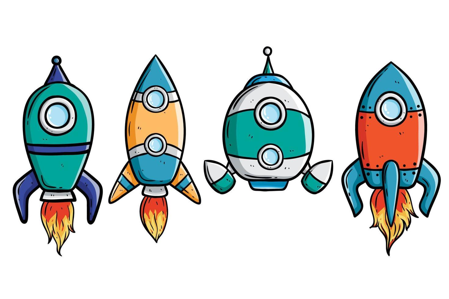conjunto de naves espaciales coloridas o cohetes con estilo dibujado a mano vector