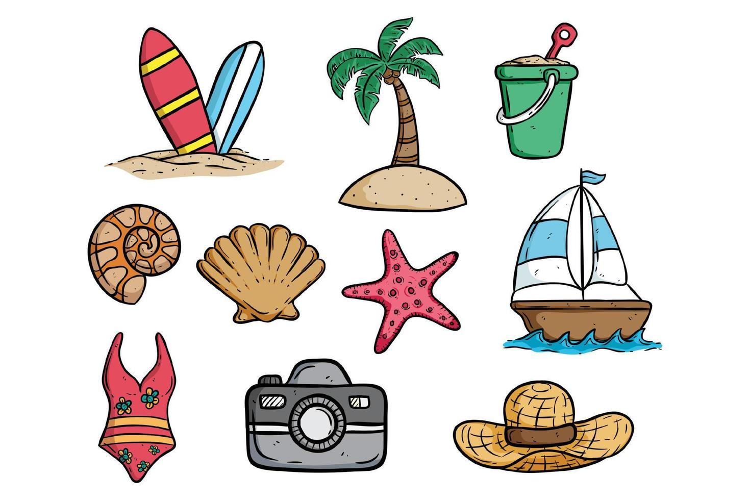 Set of summer icons or elements with doodle style vector