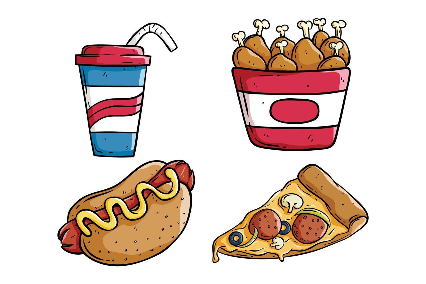 set of tasty fast food with hand drawn or sketch style vector