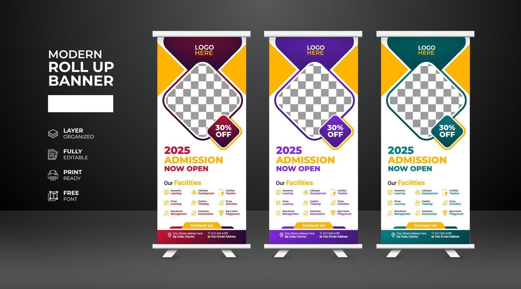 Modern and creative school admission Roll Up Banner template vector