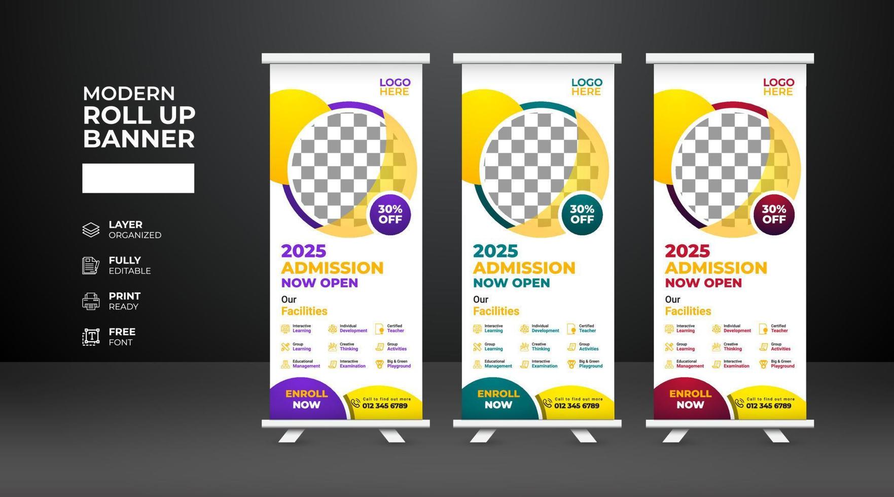 Modern and creative school admission Roll Up Banner template vector