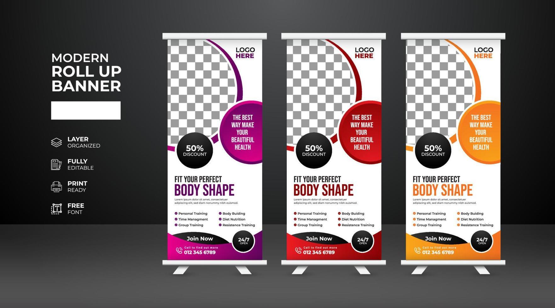 Modern and creative Gym Fitness Roll Up Banner template vector