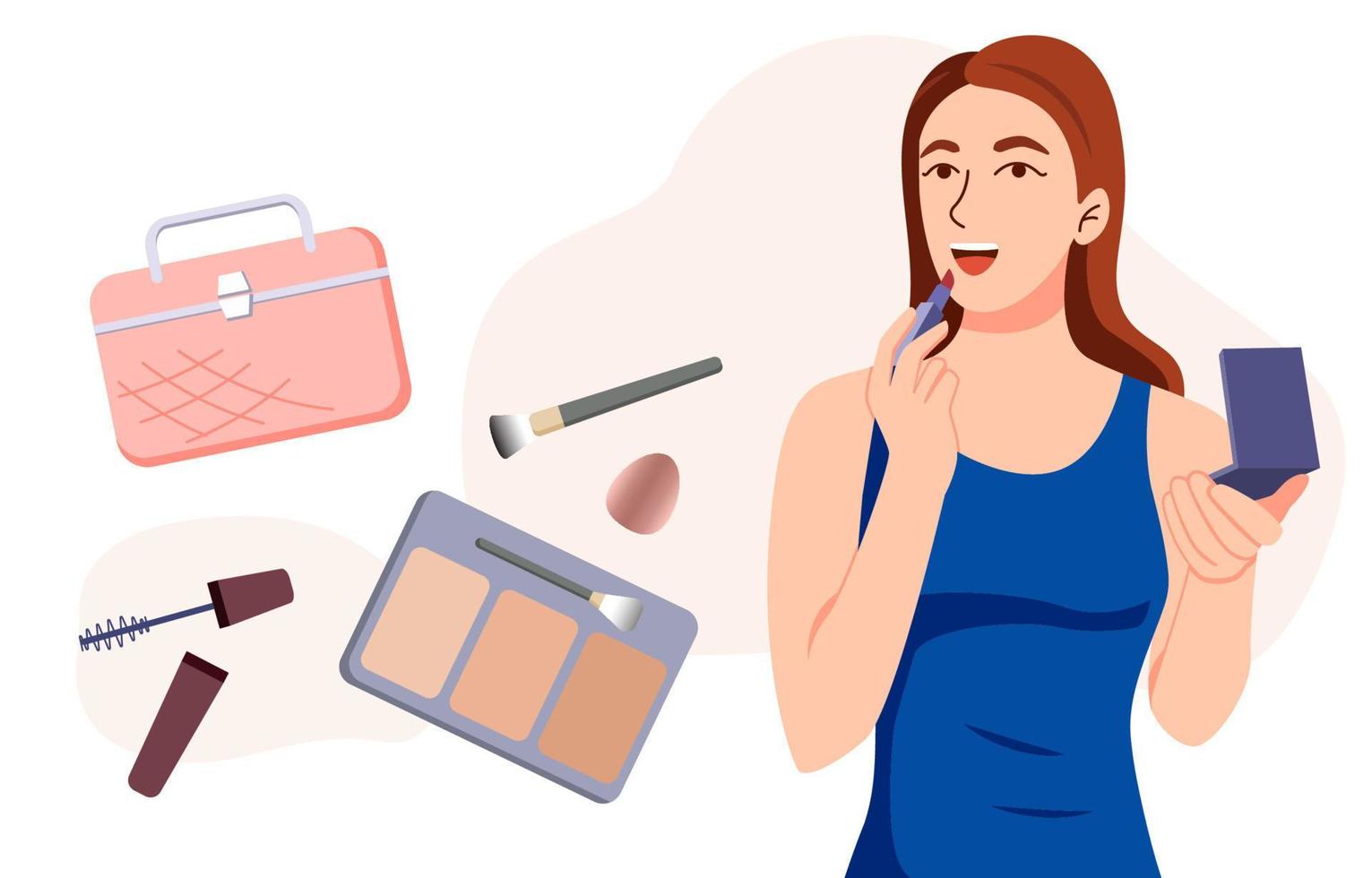 Make up artist applying, professional make up of beautiful young woman, Girl holding brush and powder. Vector flat cartoon illustration.