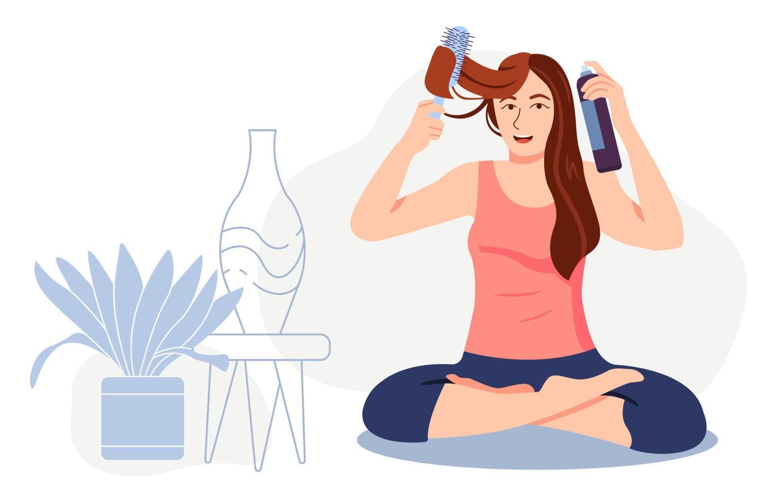 Woman holding iron curling hair ,beauty treatment, Girls Make Hairstyles Flat Vector Illustration.