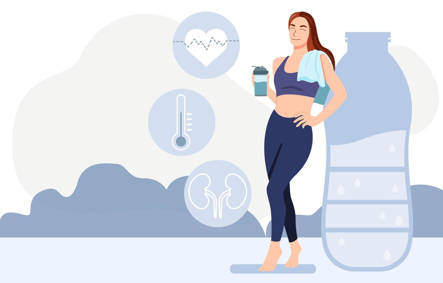 Women drinking water after sports,  Drinking water benefits, lady activities, flat vector illustration.